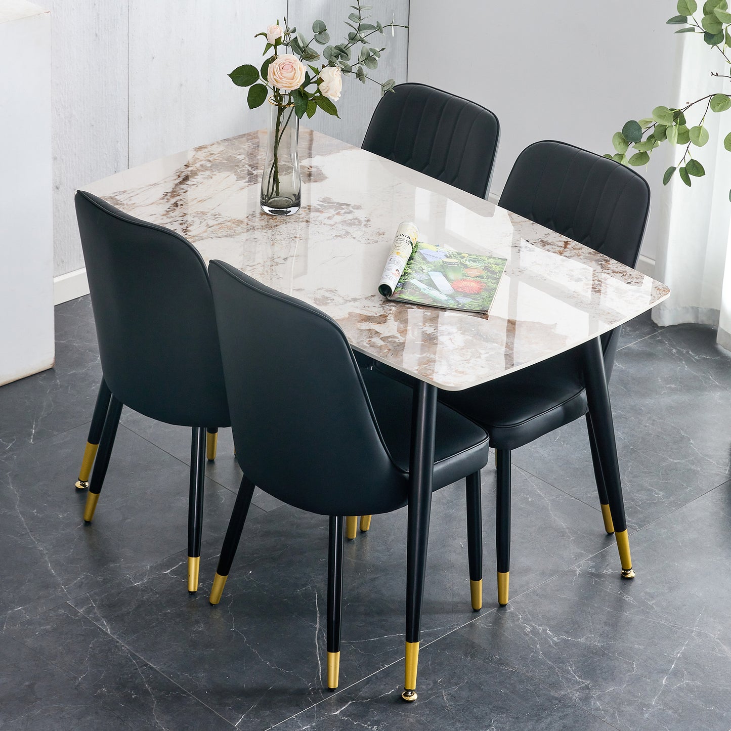 Melysen Patterned Stone Burning Tabletop with Black Metal Legs. The Chair with Black Pu Artificial Leather Backrest Cushion and Black Metal Legs. 1 Table+4 Chairs