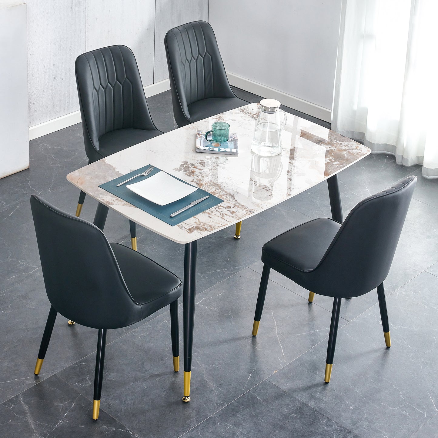 Melysen Patterned Stone Burning Tabletop with Black Metal Legs. The Chair with Black Pu Artificial Leather Backrest Cushion and Black Metal Legs. 1 Table+4 Chairs