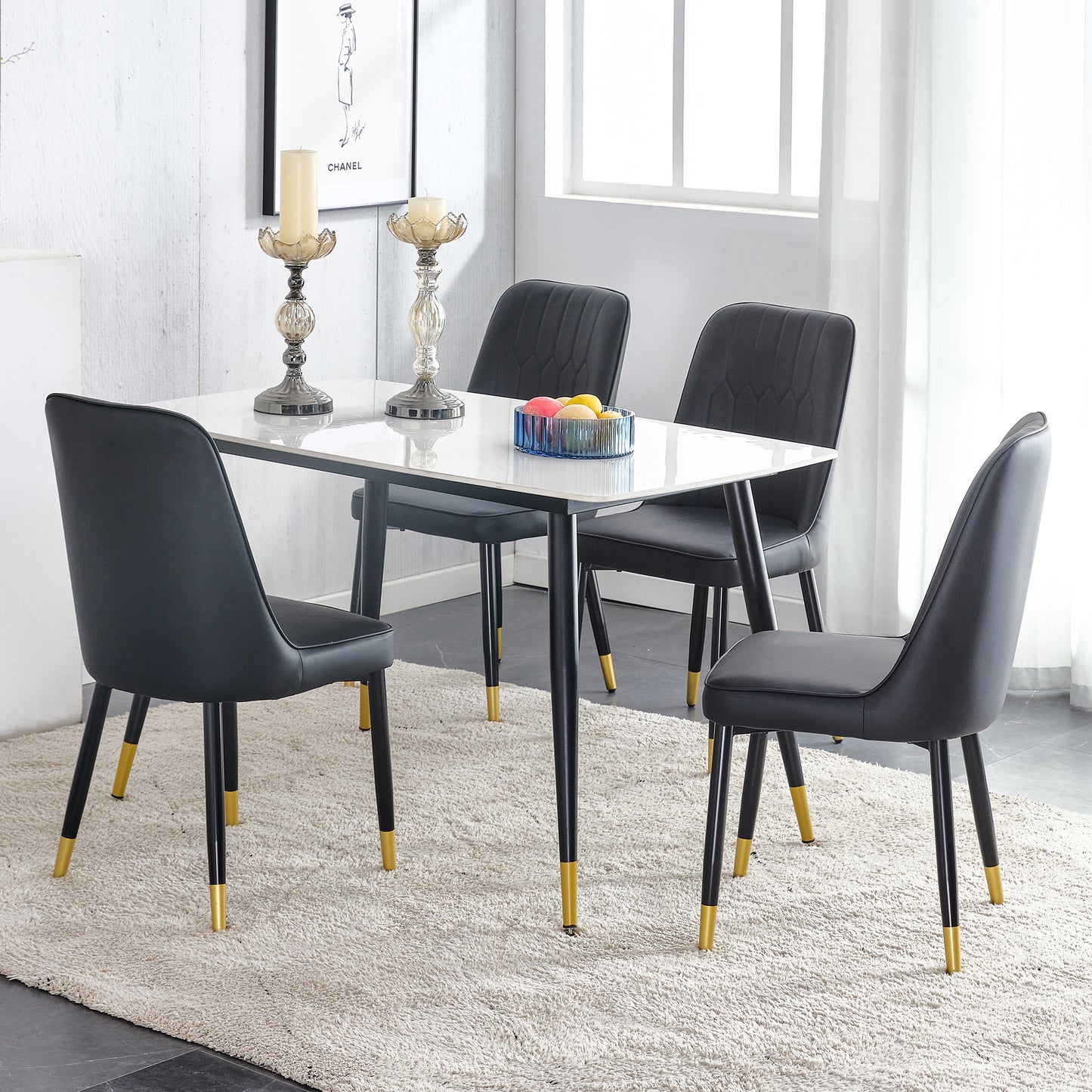 Melysen White Imitation Marble Stone Tabletop with Black Metal Legs. Black Pu Leather Backrest and Black Metal Leg Chair. 1 Table+4 Chairs