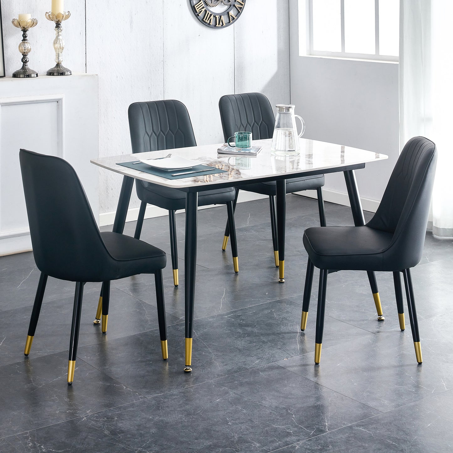 Melysen Patterned Stone Burning Tabletop with Black Metal Legs. The Chair with Black Pu Artificial Leather Backrest Cushion and Black Metal Legs. 1 Table+4 Chairs