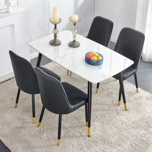 Melysen White Imitation Marble Stone Tabletop with Black Metal Legs. Black Pu Leather Backrest and Black Metal Leg Chair. 1 Table+4 Chairs