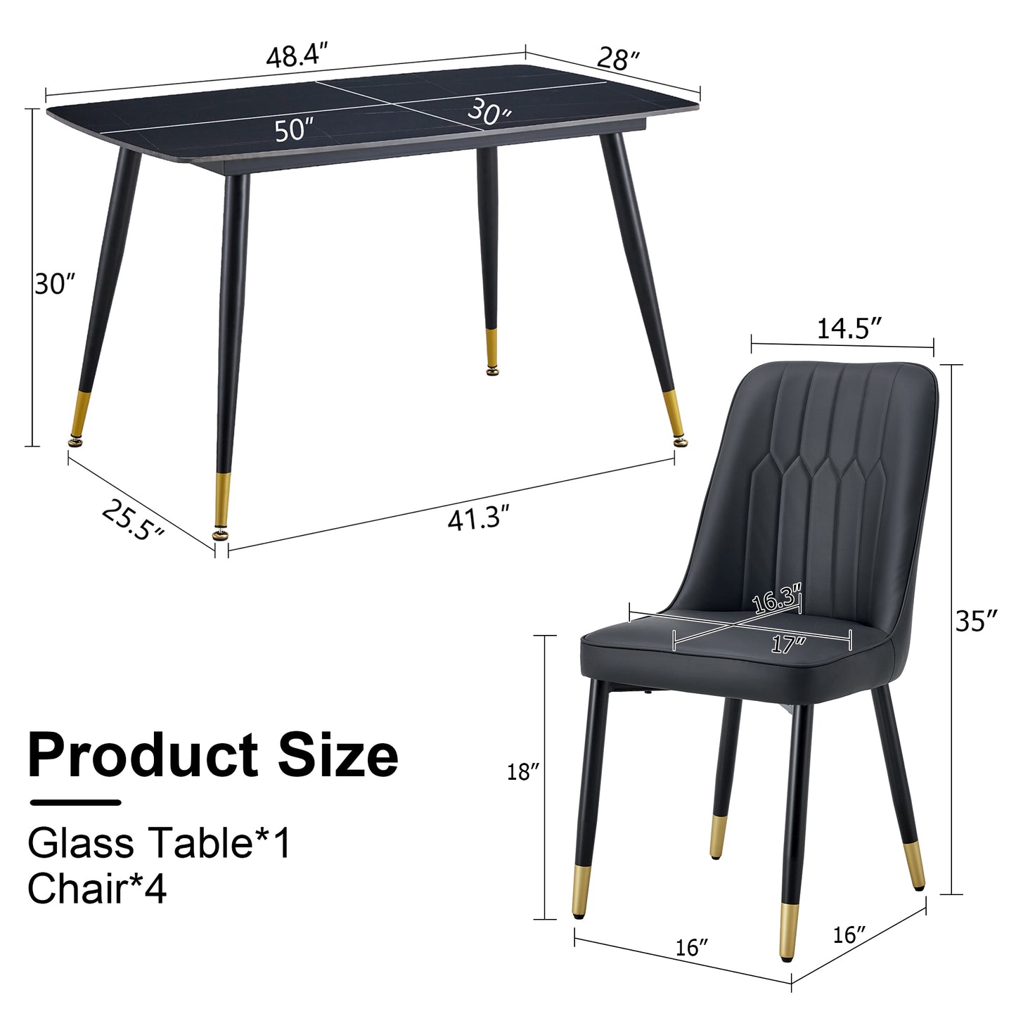 Melysen Black Sintered Stone Tabletop with Black Metal Legs.Black Pu Leather Backrest and Black Metal Leg Chair. 1 Table+4 Chairs