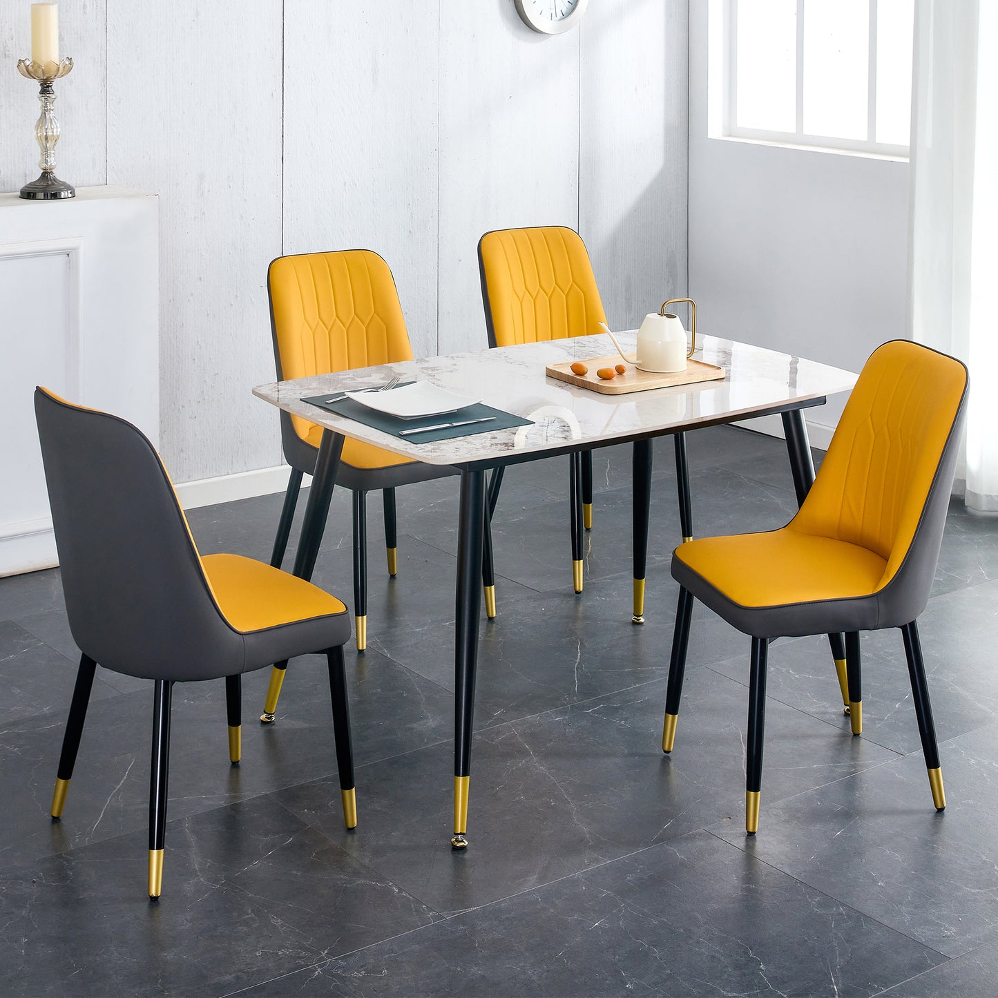 Melysen Patterned Sintered Stone Tabletop with Black Metal Legs. Orange-Yellow and Gray Dual Color Pu Backrest Cushion and Black Metal Leg Chair.1 Table+4 Chair