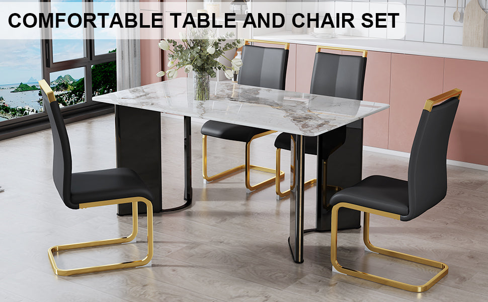 Melysen Table and Chair Set. 1 Table+4 Black Pu Cushioned Golden Color Leg Chairs. White Imitation Marble Tabletop, Mdf Table Legs with Gold Metal Decorative Strips. Paired with 4 Pu Chairs