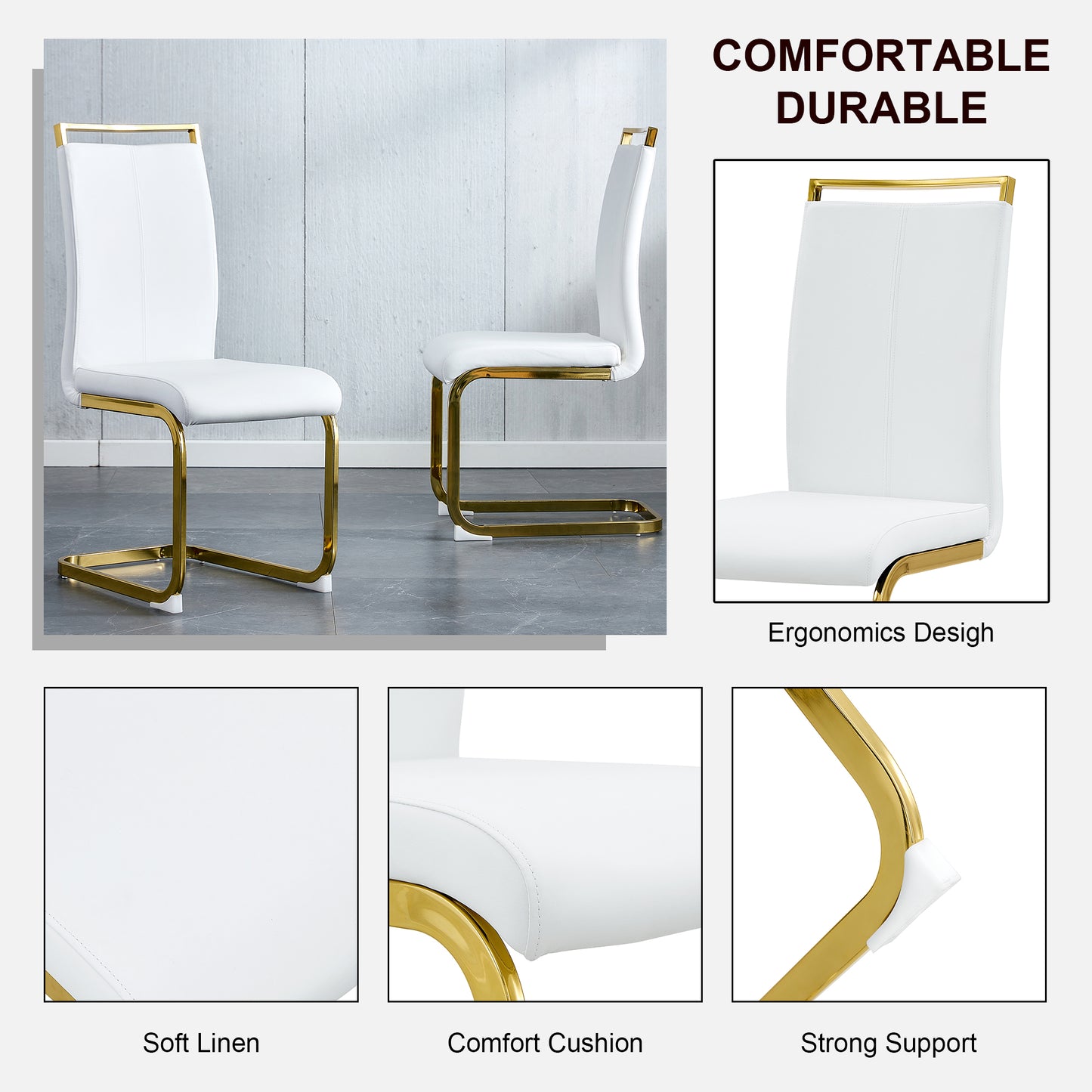 Melysen Table and Chair Set. 1 Table+4 White Pu Backrest Cushions with Gold Metal Leg Chairs . A Rectangular White Imitation Marble Desktop with Mdf Legs and Gold Metal Decorative Strips