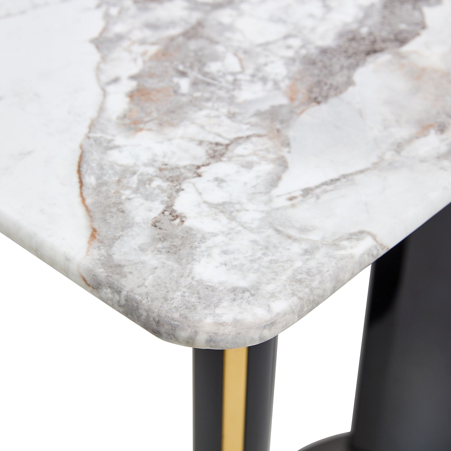 Melysen Table and Chair Set. 1 Table+4 White Pu Backrest Cushions with Gold Metal Leg Chairs . A Rectangular White Imitation Marble Desktop with Mdf Legs and Gold Metal Decorative Strips