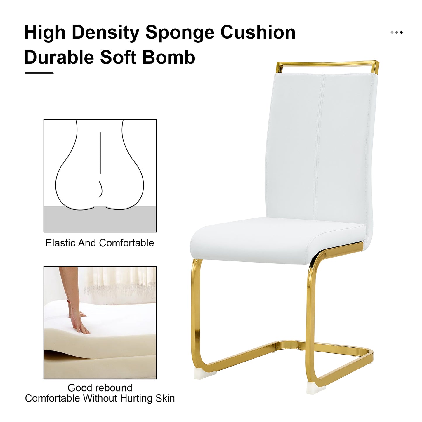 Melysen Table and Chair Set. 1 Table+4 White Pu Backrest Cushions with Gold Metal Leg Chairs . A Rectangular White Imitation Marble Desktop with Mdf Legs and Gold Metal Decorative Strips