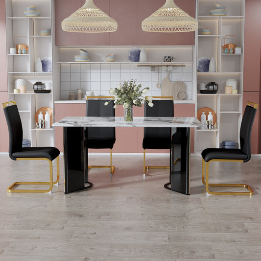 Melysen Table and Chair Set. 1 Table+4 Black Pu Cushioned Golden Color Leg Chairs. White Imitation Marble Tabletop, Mdf Table Legs with Gold Metal Decorative Strips. Paired with 4 Pu Chairs