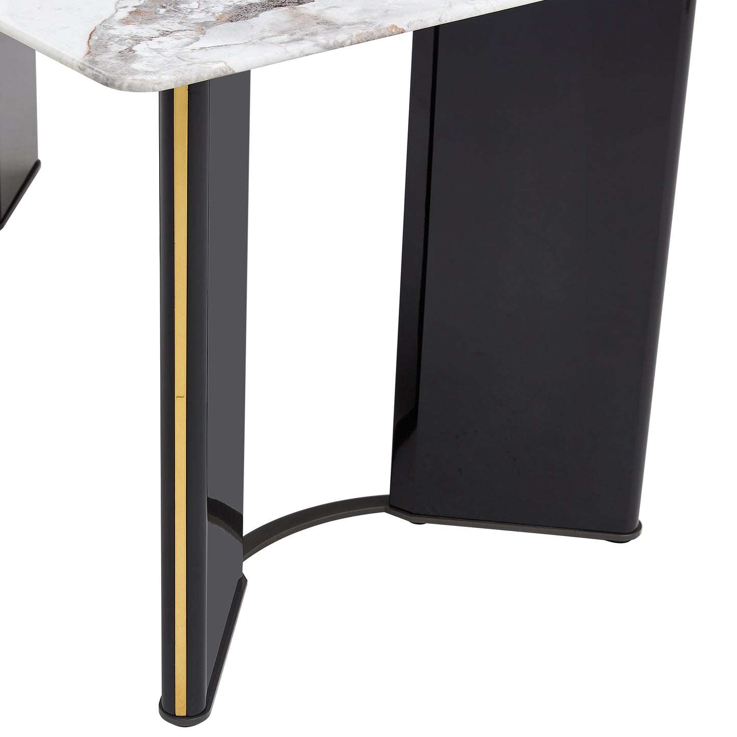 Melysen Table and Chair Set. 1 Table+4 White Pu Backrest Cushions with Gold Metal Leg Chairs . A Rectangular White Imitation Marble Desktop with Mdf Legs and Gold Metal Decorative Strips