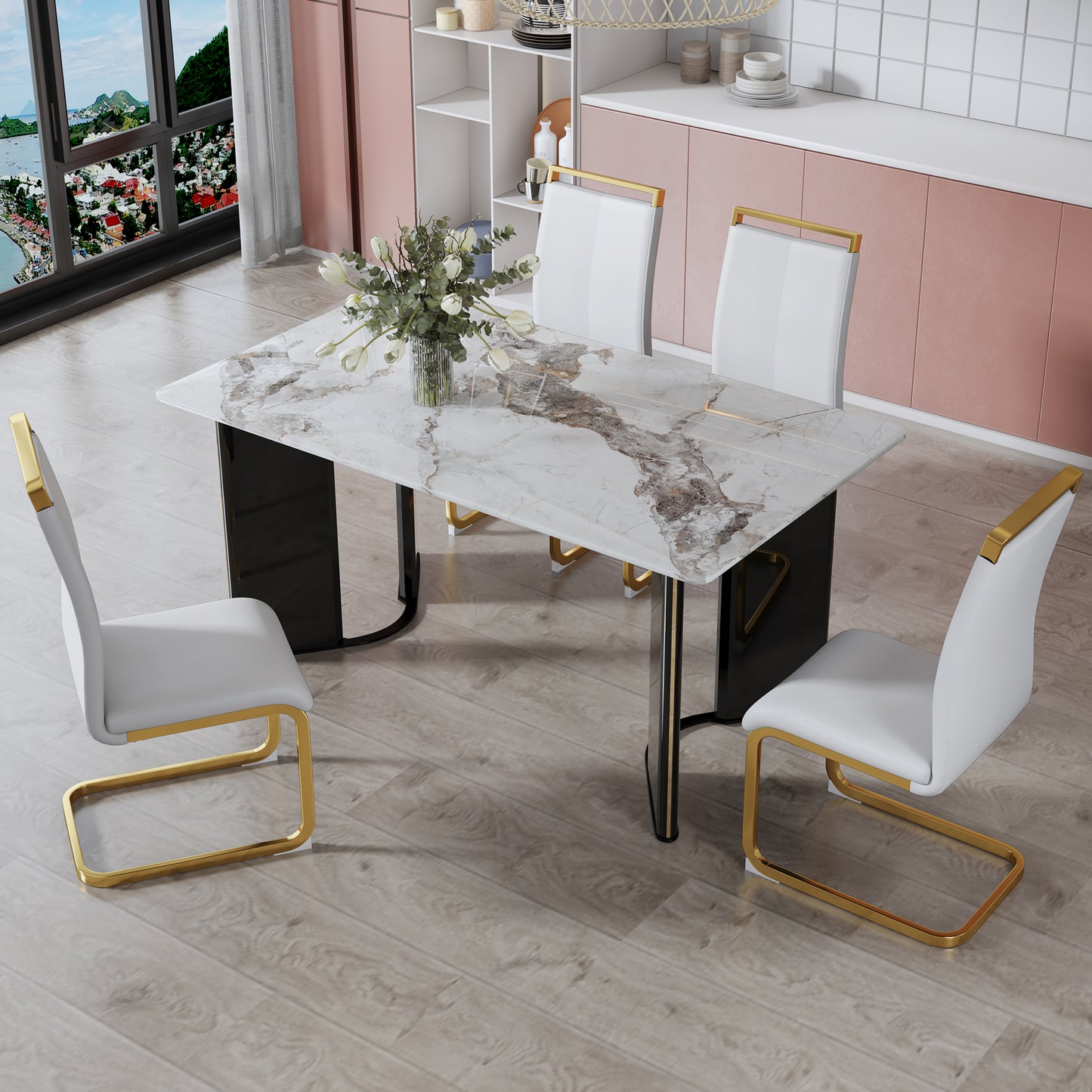 Melysen Table and Chair Set. 1 Table+4 White Pu Backrest Cushions with Gold Metal Leg Chairs . A Rectangular White Imitation Marble Desktop with Mdf Legs and Gold Metal Decorative Strips