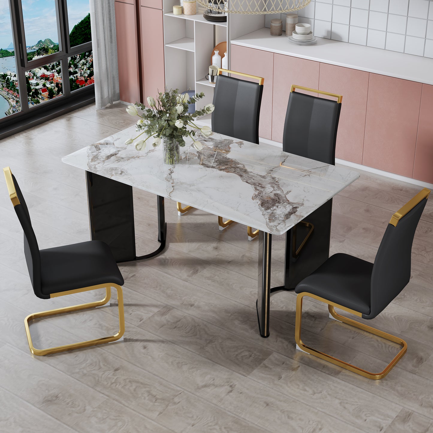 Melysen Table and Chair Set. 1 Table+4 Black Pu Cushioned Golden Color Leg Chairs. White Imitation Marble Tabletop, Mdf Table Legs with Gold Metal Decorative Strips. Paired with 4 Pu Chairs