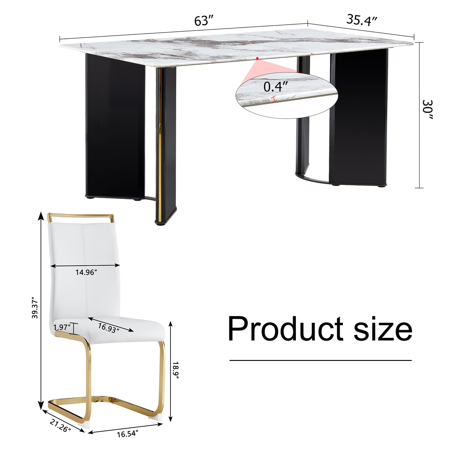 Melysen Table and Chair Set. 1 Table+4 White Pu Backrest Cushions with Gold Metal Leg Chairs . A Rectangular White Imitation Marble Desktop with Mdf Legs and Gold Metal Decorative Strips