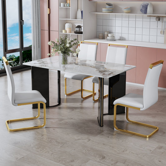 Melysen Table and Chair Set. 1 Table+4 White Pu Backrest Cushions with Gold Metal Leg Chairs . A Rectangular White Imitation Marble Desktop with Mdf Legs and Gold Metal Decorative Strips