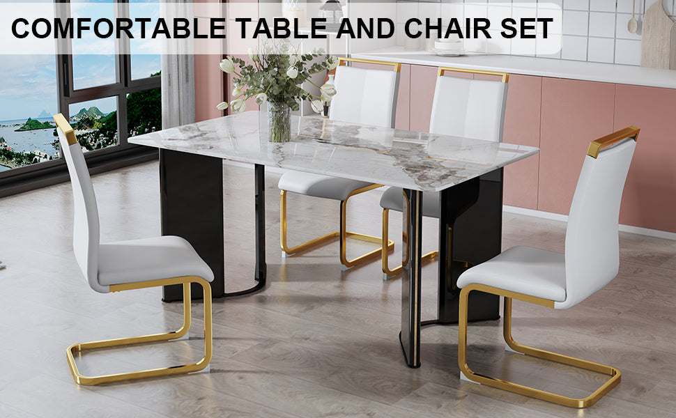 Melysen Table and Chair Set. 1 Table+4 White Pu Backrest Cushions with Gold Metal Leg Chairs . A Rectangular White Imitation Marble Desktop with Mdf Legs and Gold Metal Decorative Strips