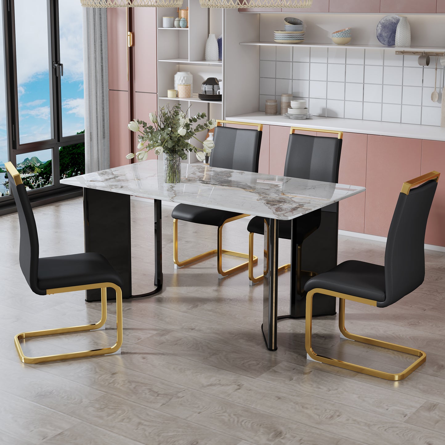 Melysen Table and Chair Set. 1 Table+4 Black Pu Cushioned Golden Color Leg Chairs. White Imitation Marble Tabletop, Mdf Table Legs with Gold Metal Decorative Strips. Paired with 4 Pu Chairs