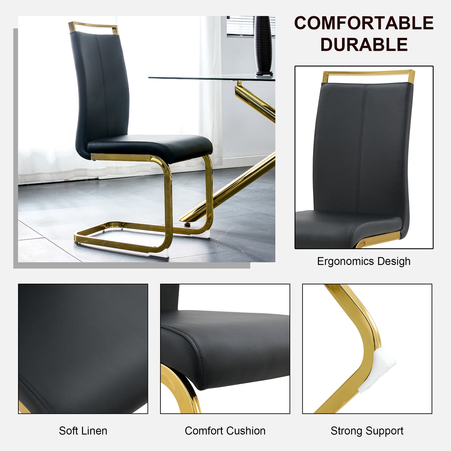 Melysen Table and Chair Set. 1 Table+4 Black Pu Cushioned Golden Color Leg Chairs. White Imitation Marble Tabletop, Mdf Table Legs with Gold Metal Decorative Strips. Paired with 4 Pu Chairs