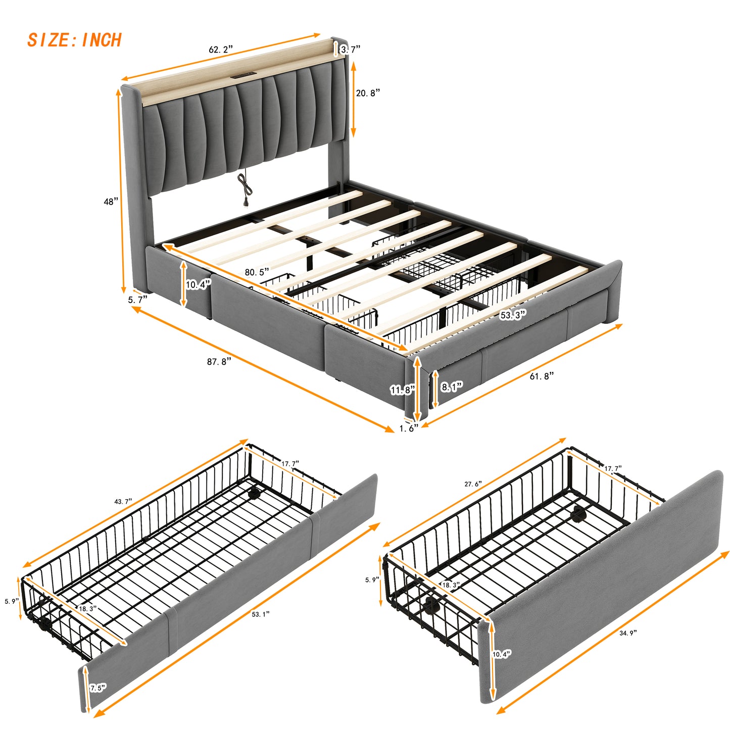 Melysen Queen Size Bed Frame with Storage Headboard and Charging Station, Upholstered Platform Bed with 3 Drawers, No Box Spring Needed, Dark Gray