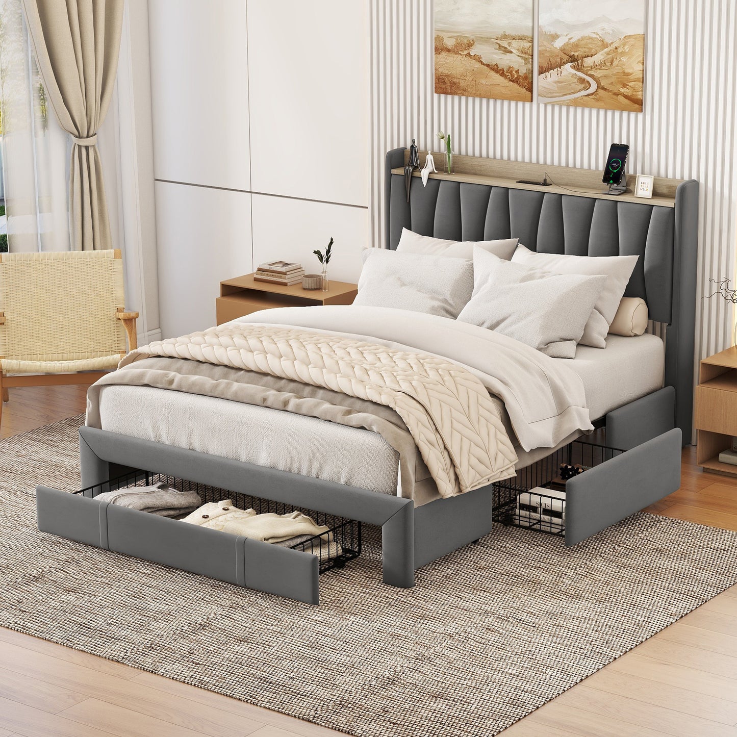 Melysen Queen Size Bed Frame with Storage Headboard and Charging Station, Upholstered Platform Bed with 3 Drawers, No Box Spring Needed, Dark Gray