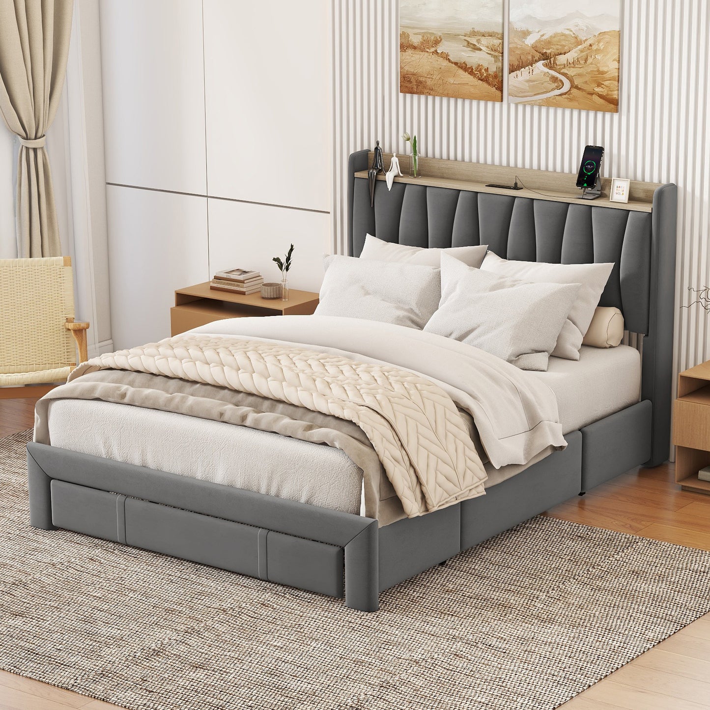 Melysen Queen Size Bed Frame with Storage Headboard and Charging Station, Upholstered Platform Bed with 3 Drawers, No Box Spring Needed, Dark Gray