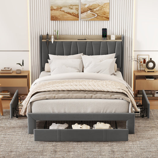 Melysen Queen Size Bed Frame with Storage Headboard and Charging Station, Upholstered Platform Bed with 3 Drawers, No Box Spring Needed, Dark Gray