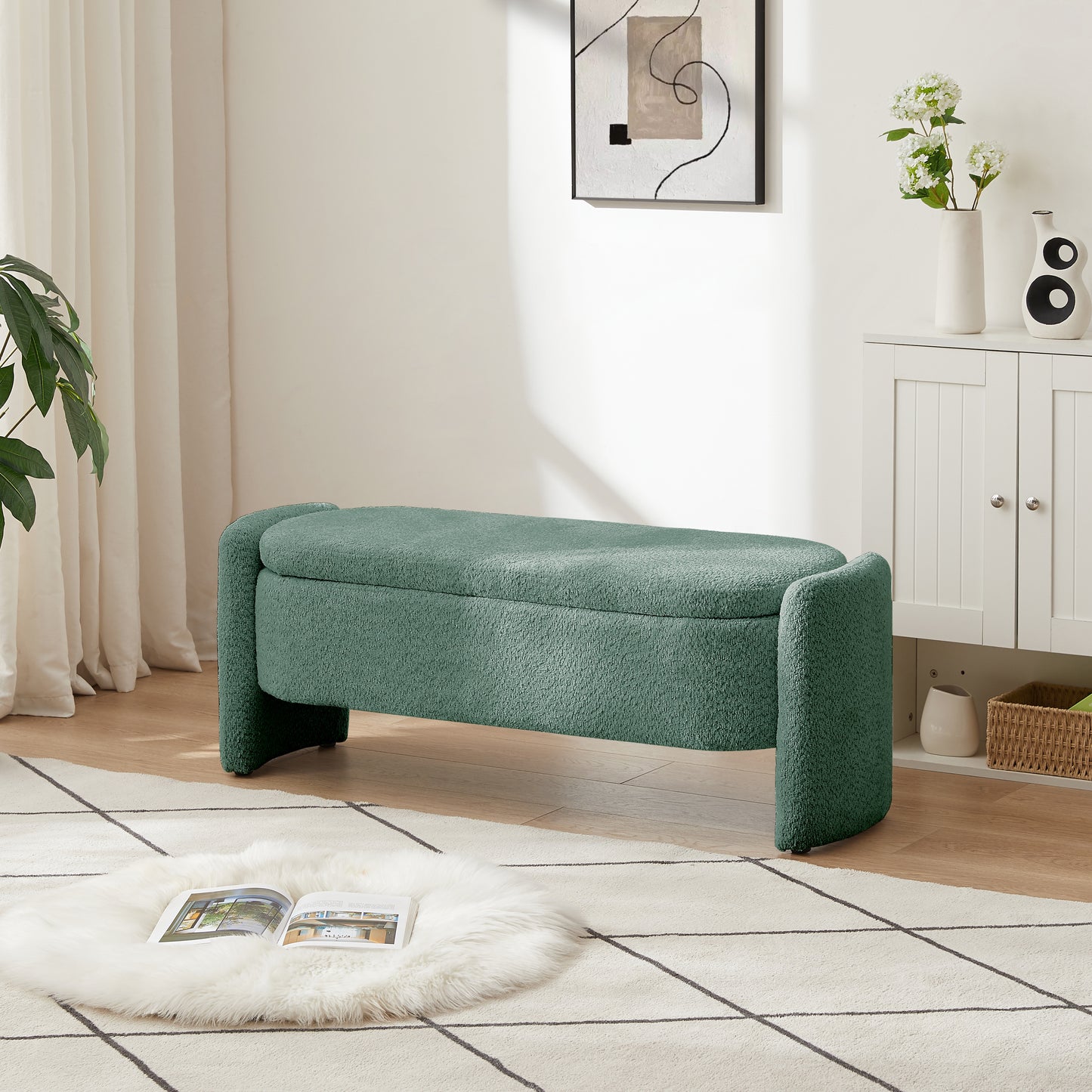 Melysen Ottoman Oval Storage Bench 3D Lamb Fleece Fabric  Bench with Large Storage Space for the Living Room, Entryway and Bedroom