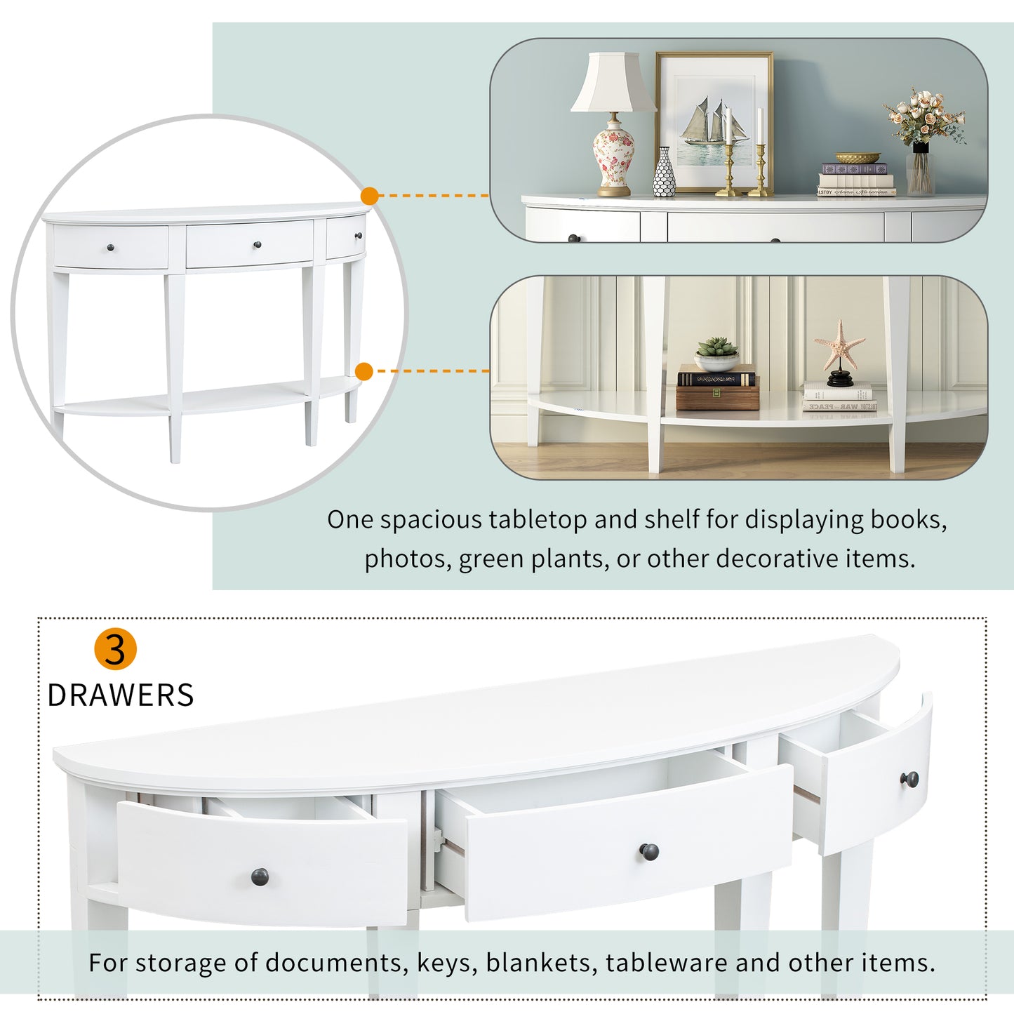 Melysen Modern Curved Console Table Sofa Table with 3 drawers and 1 Shelf for Hallway, Entryway, Living Room