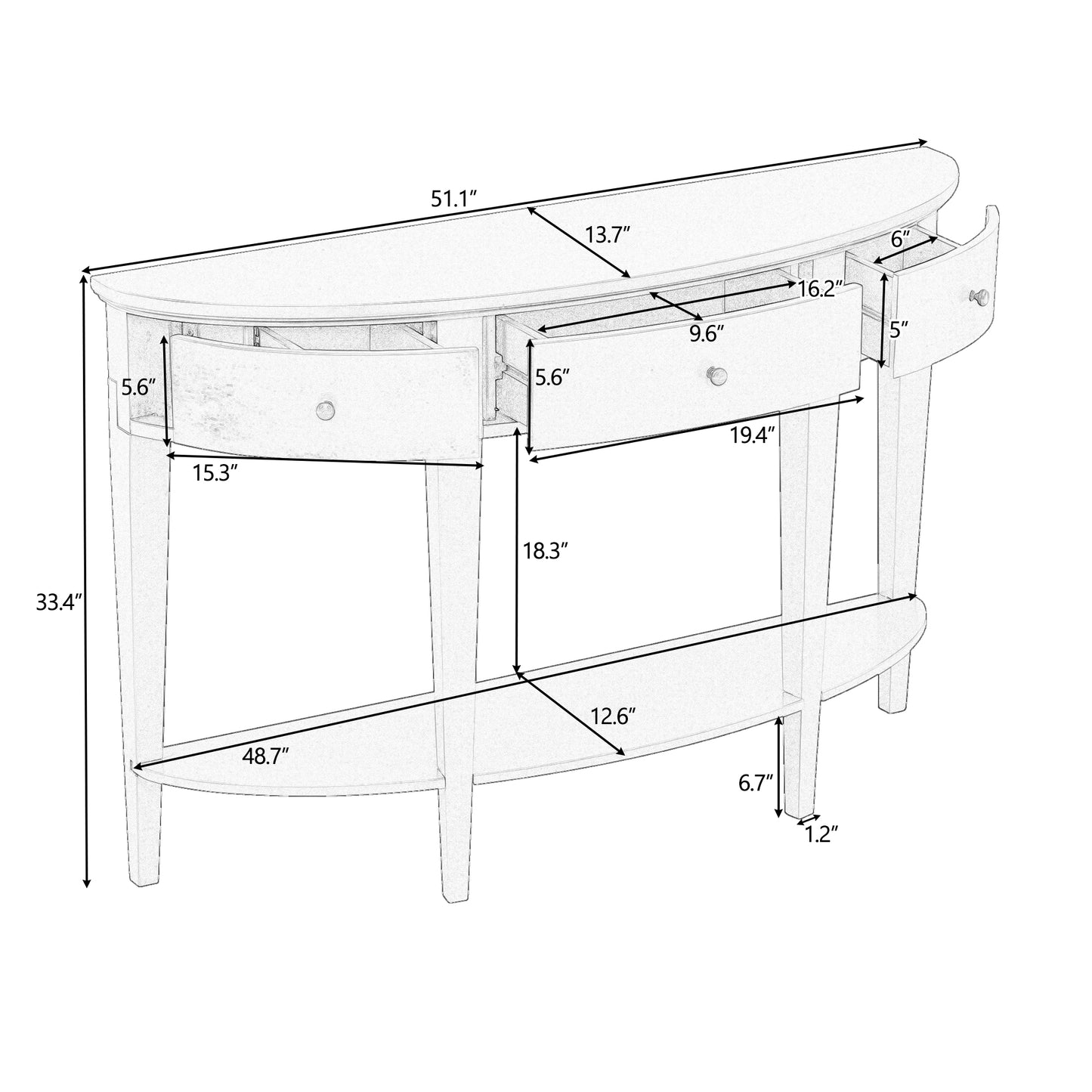 Melysen Modern Curved Console Table Sofa Table with 3 drawers and 1 Shelf for Hallway, Entryway, Living Room