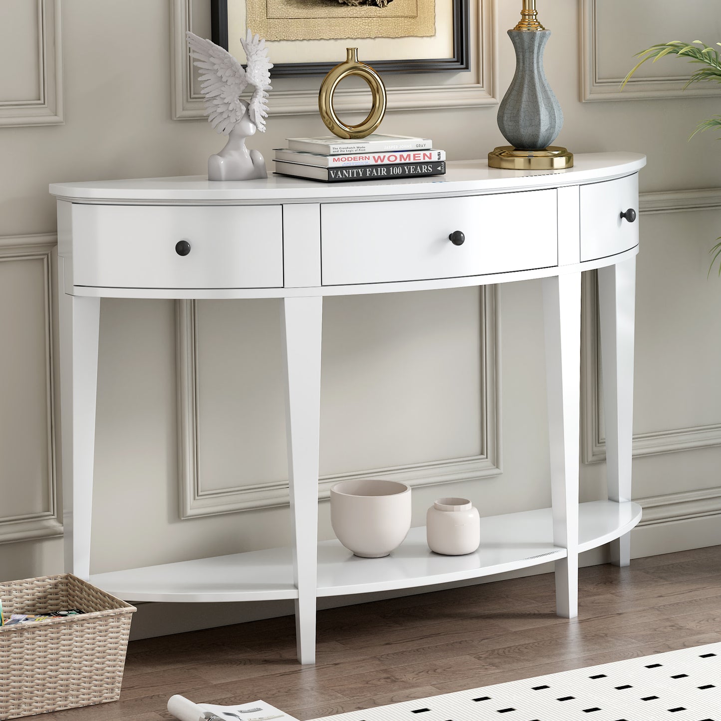 Melysen Modern Curved Console Table Sofa Table with 3 drawers and 1 Shelf for Hallway, Entryway, Living Room