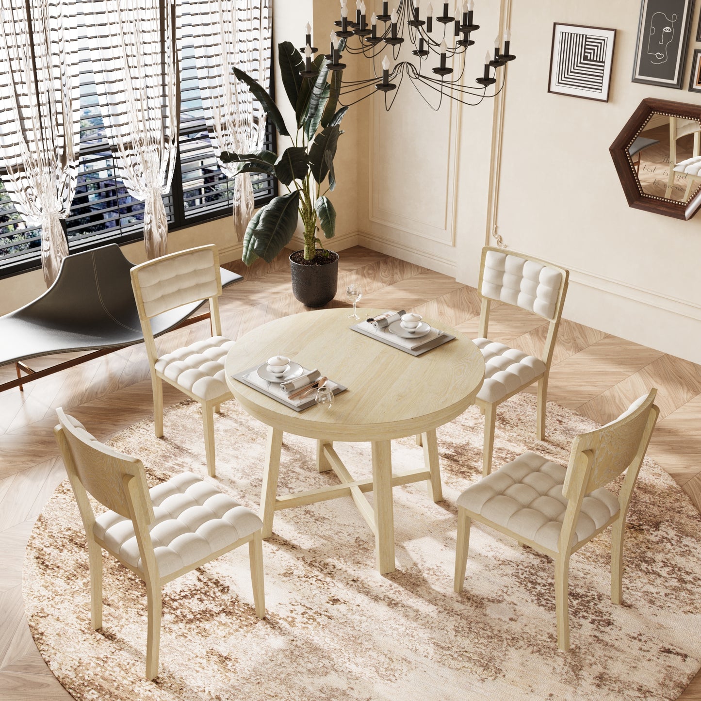 Melysen Rustic 42inch Round Dining Table Set with Cross Legs and Upholstered Dining Chairs for Small Places