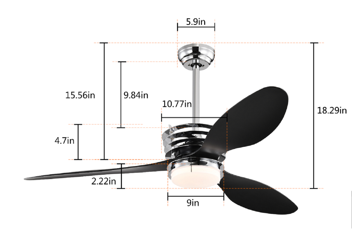 Melysen 52" ABS Blades Ceiling Fan with Lights and Remote (5 Speeds Adjustable) , DC Motor Modern Ceiling Fan with 3 ABS Fan Blades & 2 Down Rods, Indoor Ceiling Fan with Light for Home Use