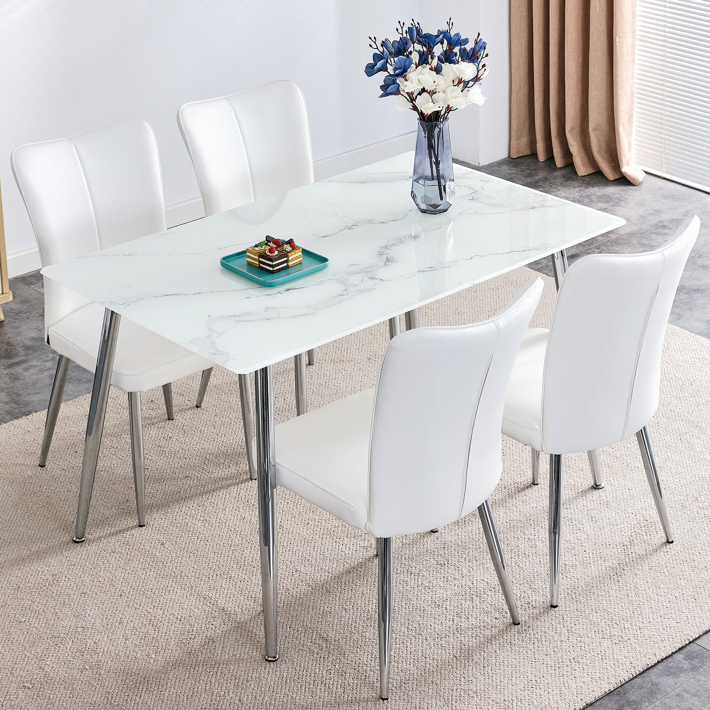 Melysen Table and Chair Set. 1 Table with 4 White Pu Chairs. Modern Minimalist Rectangular White Imitation Marble Dining Table, 0.3" Thick, with Silver Metal Legs. Paired with 4 Pu Chairs