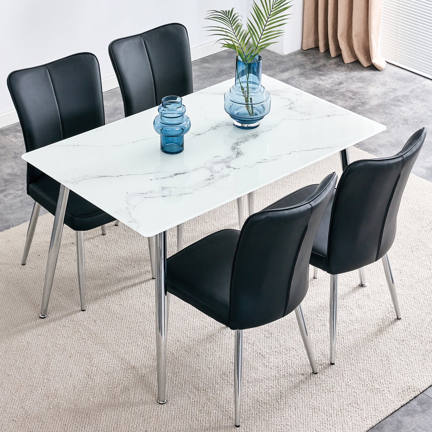 Melysen Table and Chair Set. 1 Table with 4 Black Pu Chairs. Modern Minimalist Rectangular White Imitation Marble Dining Table, 0.3" Thick, with Silver Metal Legs. Paired with 4 Pu Chairs