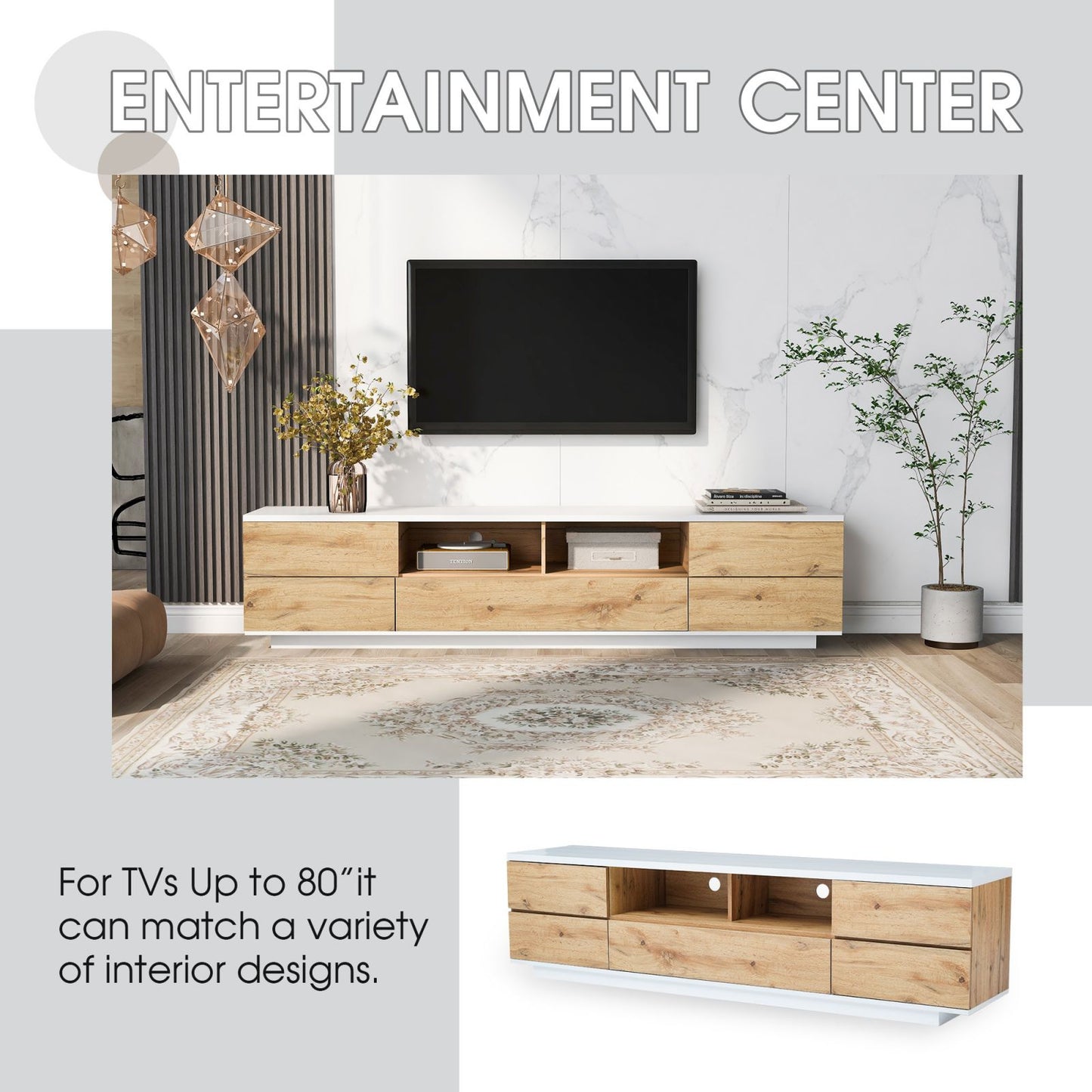 Melysen Modern TV stand for TVs up to 80" , Media Console with Multi-Functional Storage, Entertainment Center  with Door Rebound Device, TV cabinet for living room,Bedroom,Natural+White