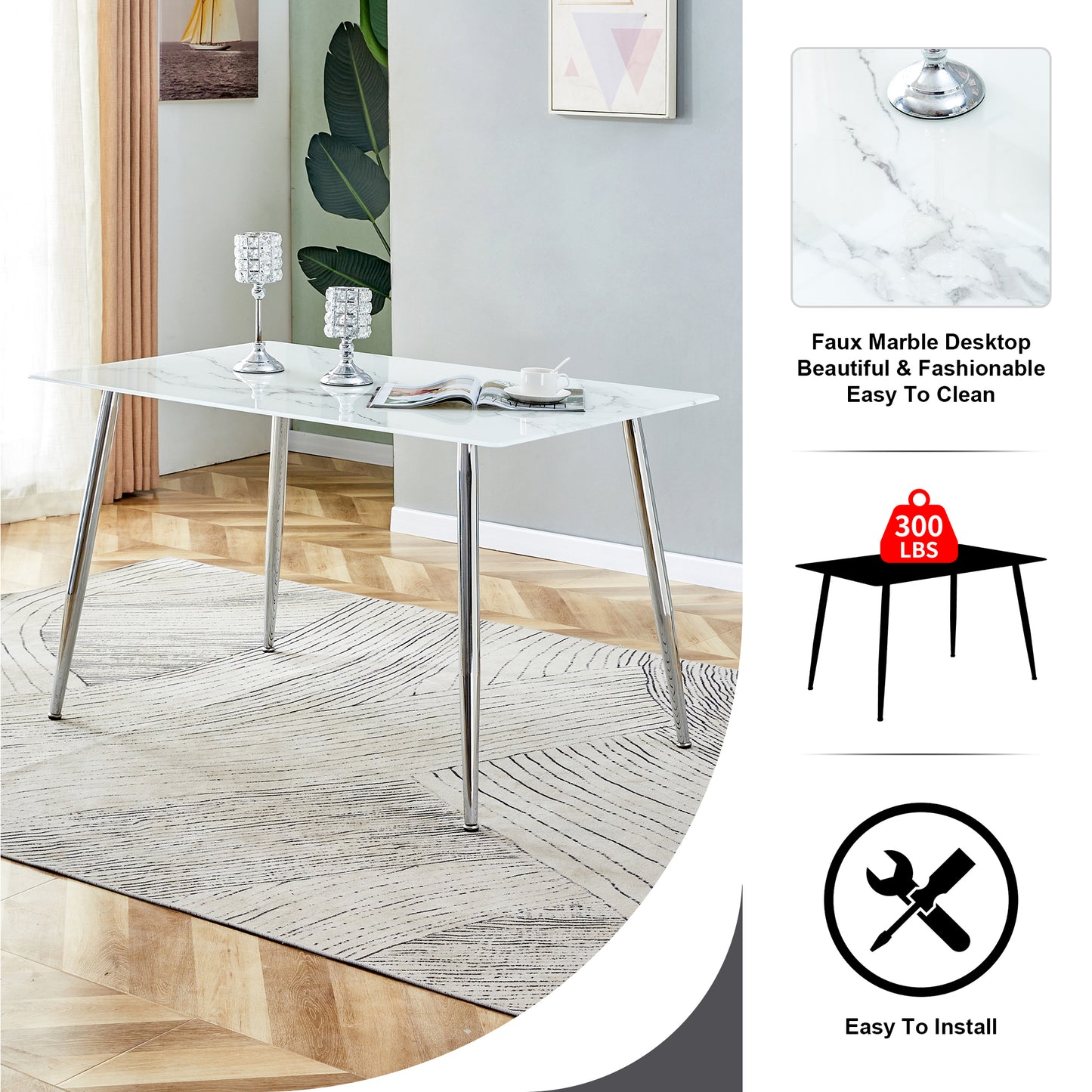 Melysen Table and Chair Set. 1 Table with 4 Black Pu Chairs. Modern Minimalist Rectangular White Imitation Marble Dining Table, 0.3" Thick, with Silver Metal Legs. Paired with 4 Pu Chairs