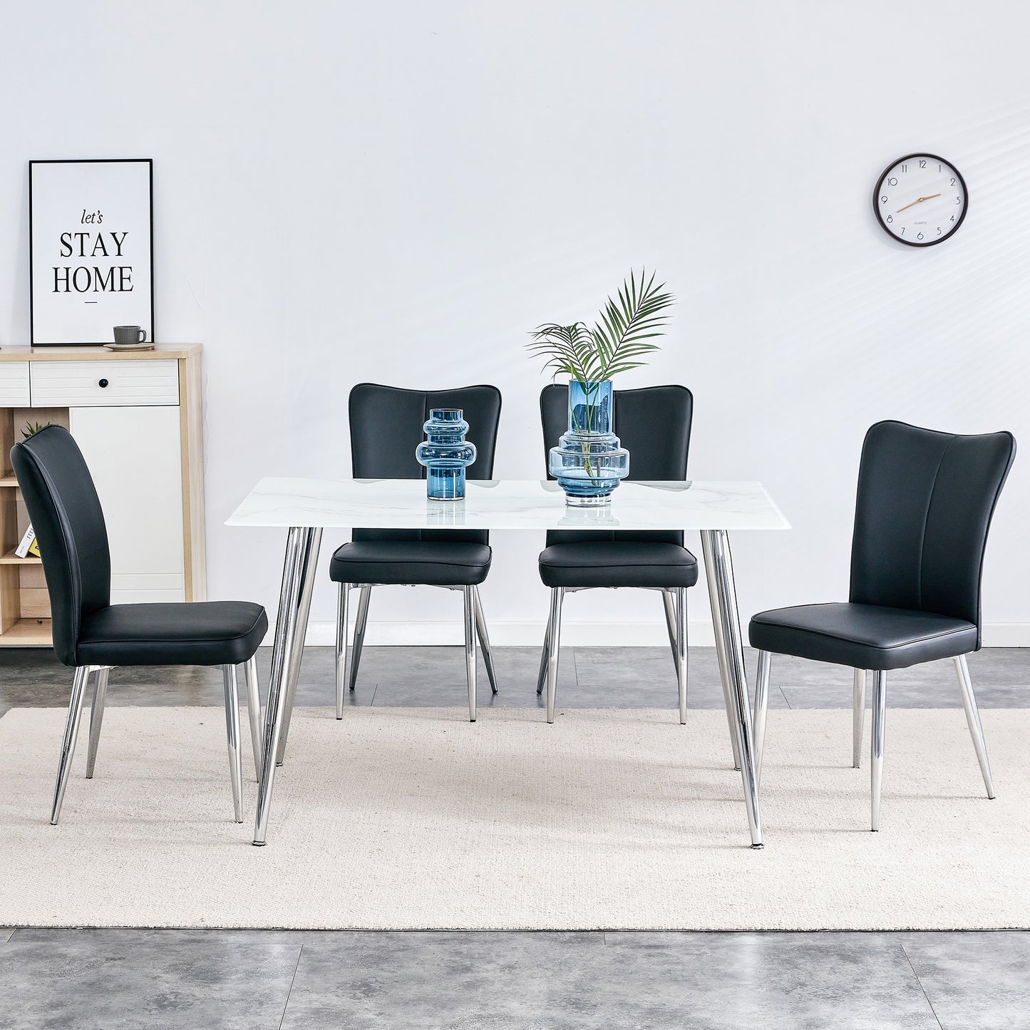 Melysen Table and Chair Set. 1 Table with 4 Black Pu Chairs. Modern Minimalist Rectangular White Imitation Marble Dining Table, 0.3" Thick, with Silver Metal Legs. Paired with 4 Pu Chairs