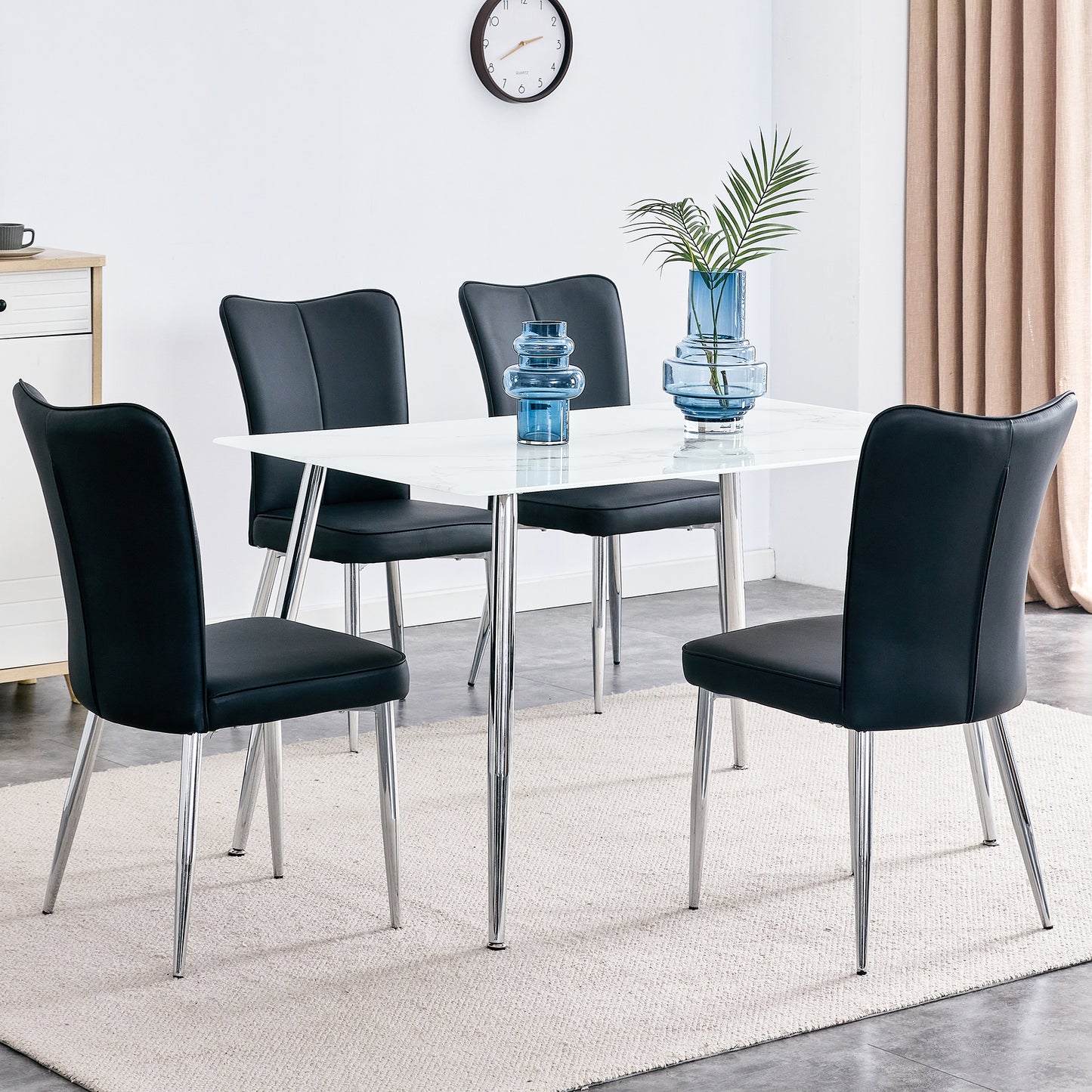 Melysen Table and Chair Set. 1 Table with 4 Black Pu Chairs. Modern Minimalist Rectangular White Imitation Marble Dining Table, 0.3" Thick, with Silver Metal Legs. Paired with 4 Pu Chairs