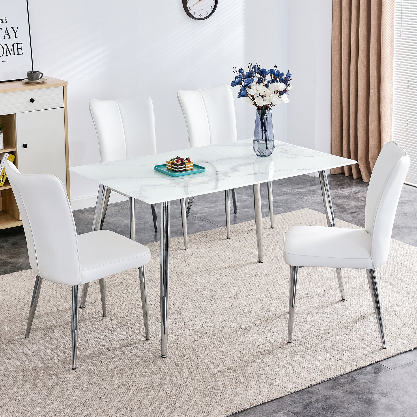 Melysen Table and Chair Set. 1 Table with 4 White Pu Chairs. Modern Minimalist Rectangular White Imitation Marble Dining Table, 0.3" Thick, with Silver Metal Legs. Paired with 4 Pu Chairs