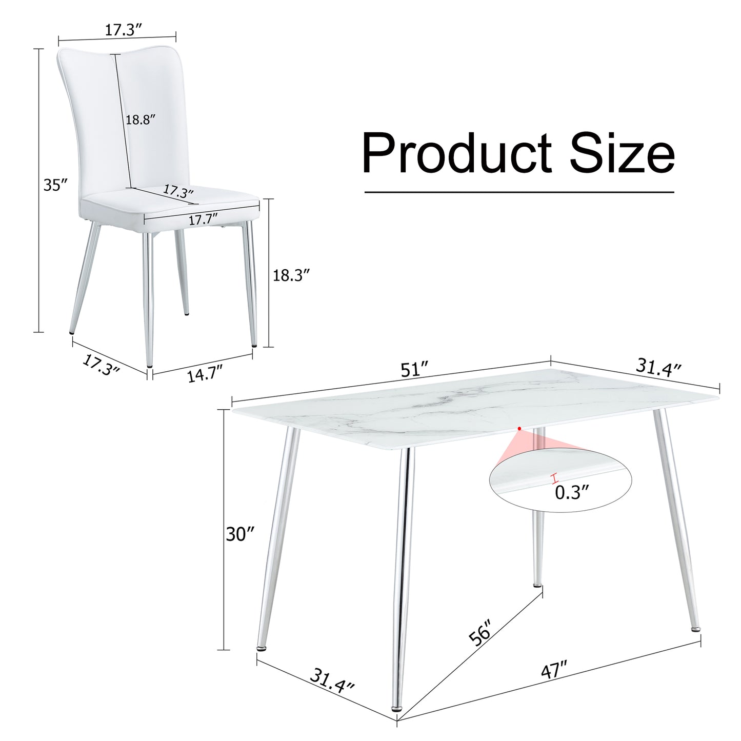 Melysen Table and Chair Set. 1 Table with 4 White Pu Chairs. Modern Minimalist Rectangular White Imitation Marble Dining Table, 0.3" Thick, with Silver Metal Legs. Paired with 4 Pu Chairs