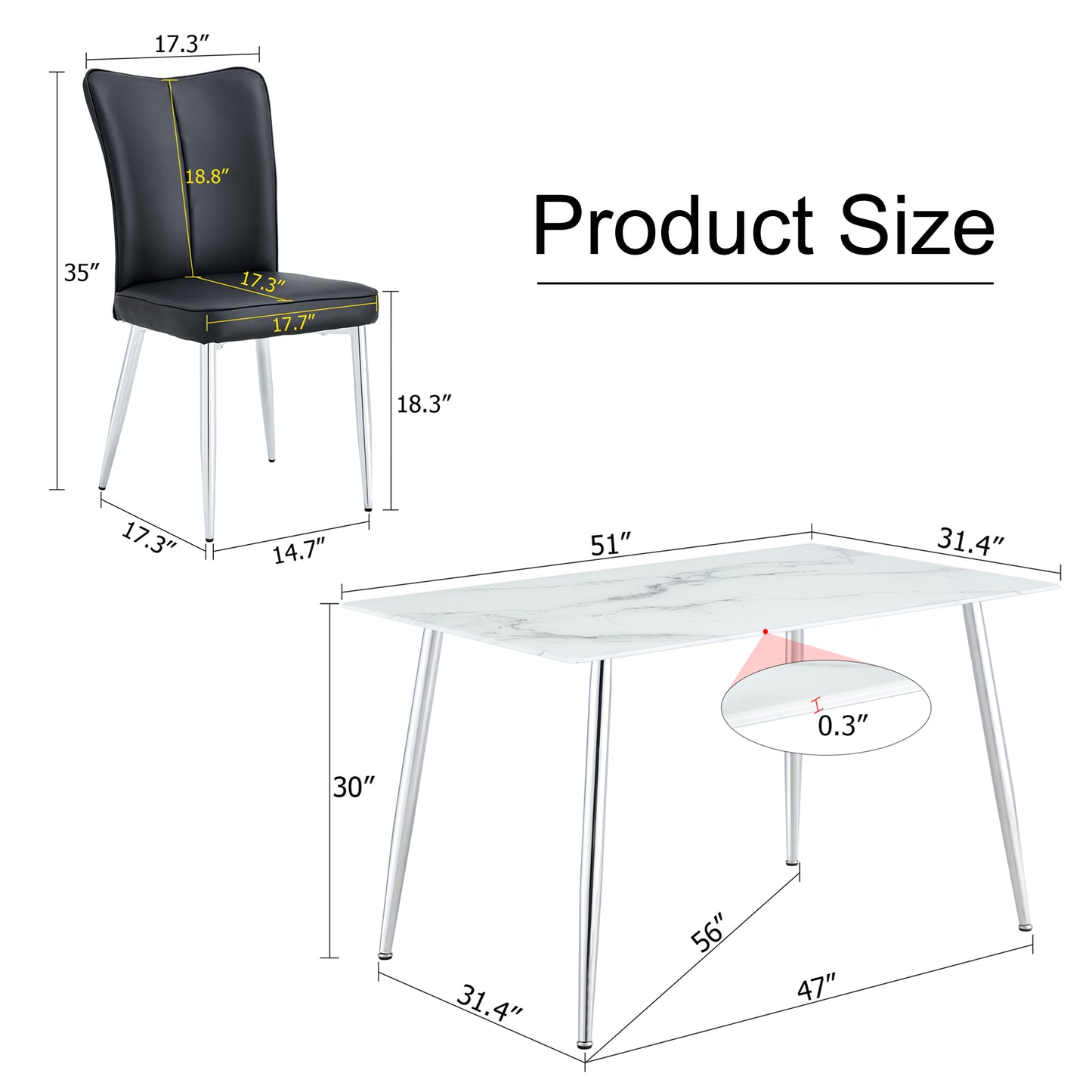 Melysen Table and Chair Set. 1 Table with 4 Black Pu Chairs. Modern Minimalist Rectangular White Imitation Marble Dining Table, 0.3" Thick, with Silver Metal Legs. Paired with 4 Pu Chairs