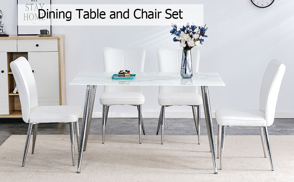 Melysen Table and Chair Set. 1 Table with 4 White Pu Chairs. Modern Minimalist Rectangular White Imitation Marble Dining Table, 0.3" Thick, with Silver Metal Legs. Paired with 4 Pu Chairs