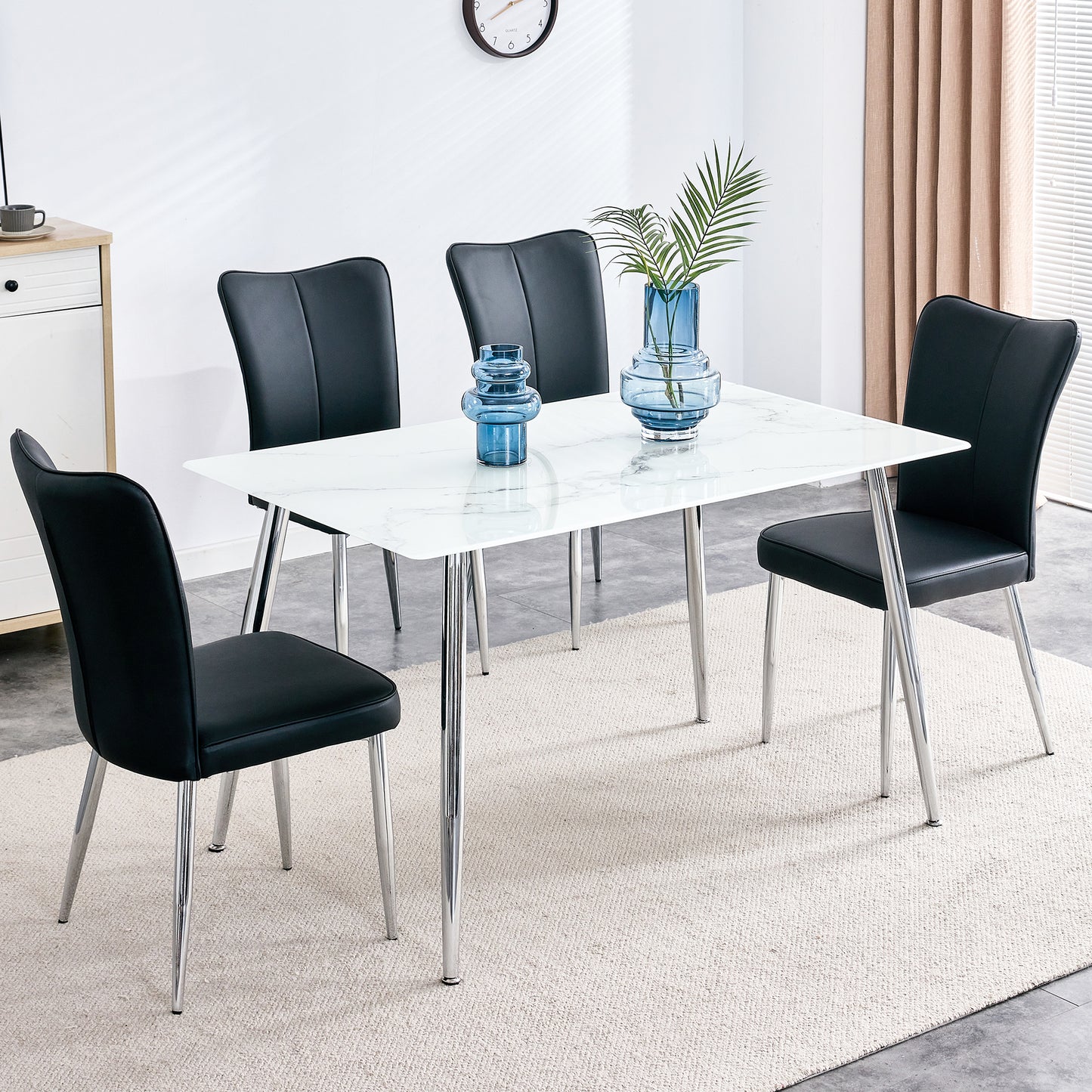 Melysen Table and Chair Set. 1 Table with 4 Black Pu Chairs. Modern Minimalist Rectangular White Imitation Marble Dining Table, 0.3" Thick, with Silver Metal Legs. Paired with 4 Pu Chairs