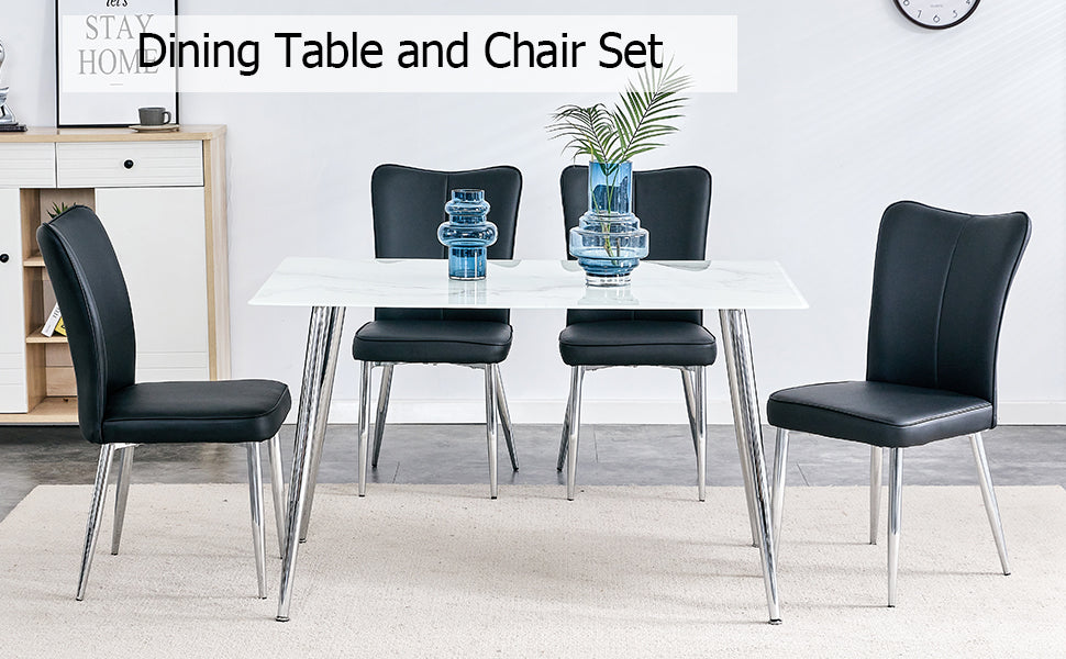 Melysen Table and Chair Set. 1 Table with 4 Black Pu Chairs. Modern Minimalist Rectangular White Imitation Marble Dining Table, 0.3" Thick, with Silver Metal Legs. Paired with 4 Pu Chairs