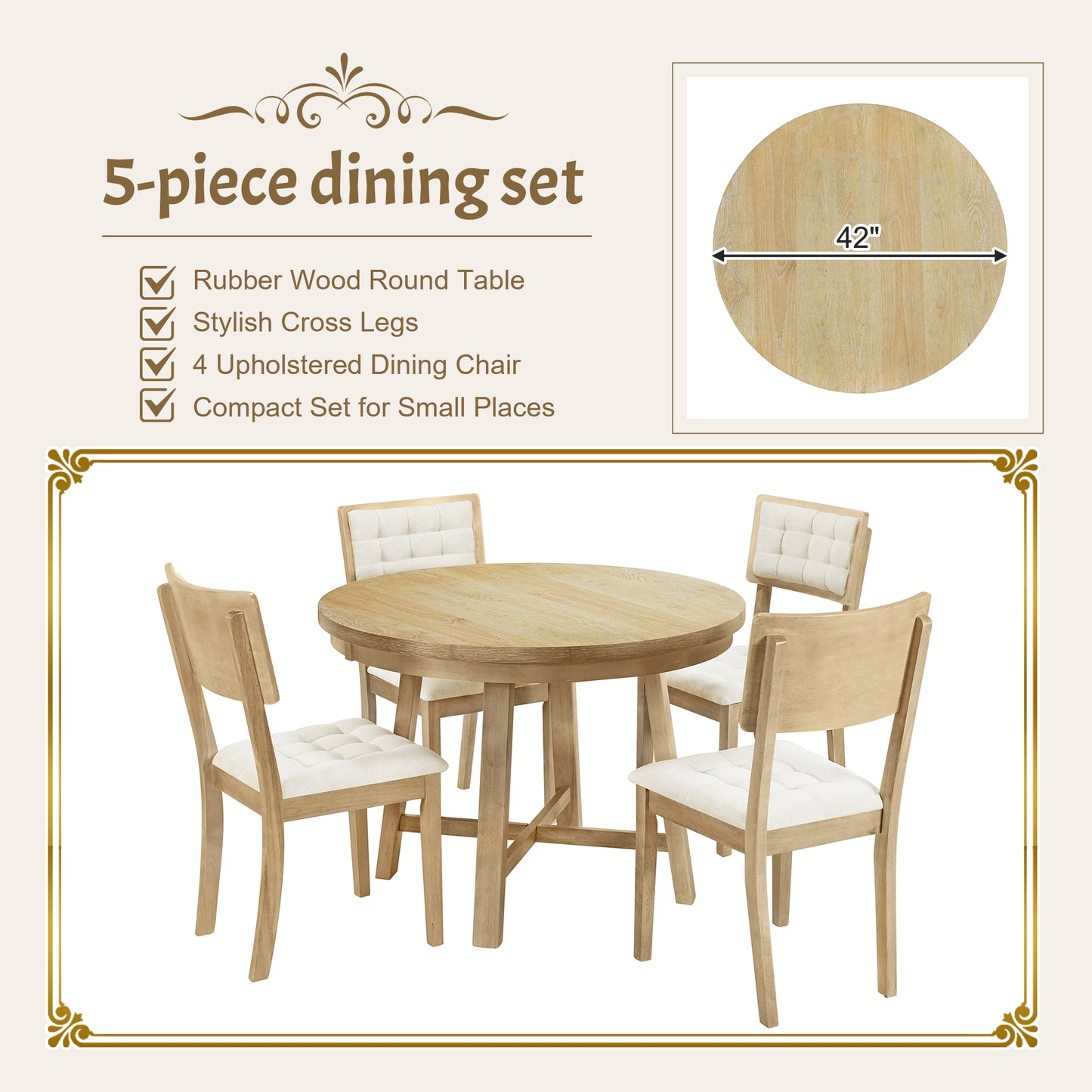 Melysen Rustic 42inch Round Dining Table Set with Cross Legs and Upholstered Dining Chairs for Small Places