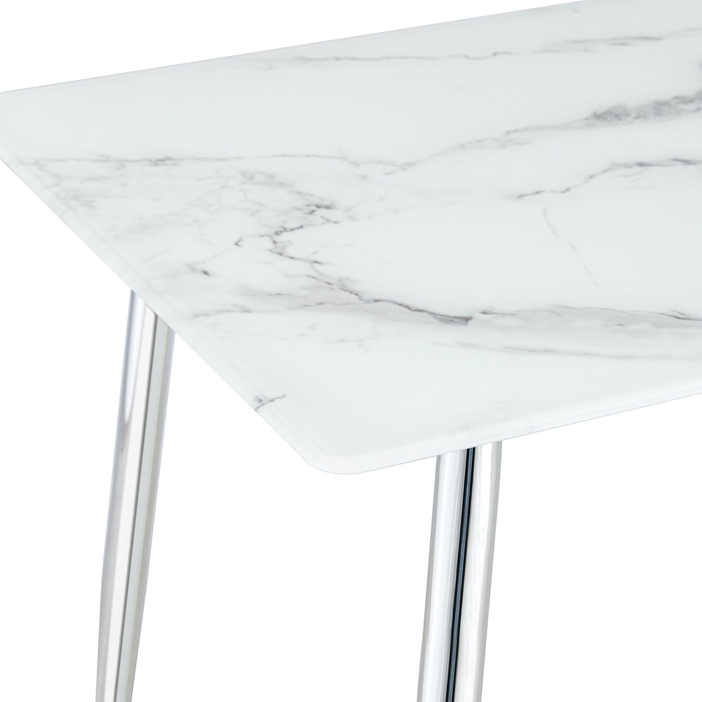 Melysen Table and Chair Set. 1 Table with 4 White Pu Chairs. Modern Minimalist Rectangular White Imitation Marble Dining Table, 0.3" Thick, with Silver Metal Legs. Paired with 4 Pu Chairs