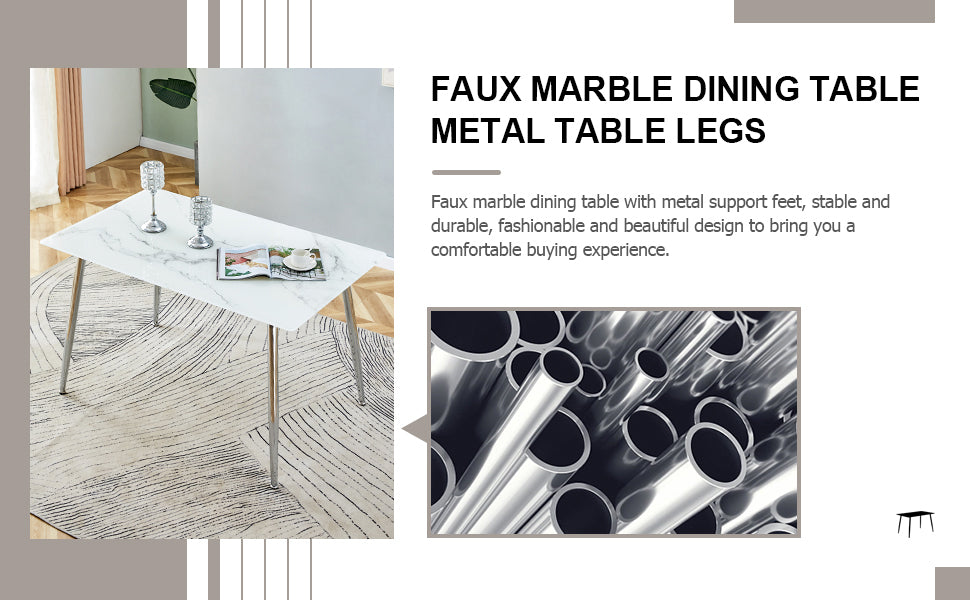 Melysen Table and Chair Set. 1 Table with 4 White Pu Chairs. Modern Minimalist Rectangular White Imitation Marble Dining Table, 0.3" Thick, with Silver Metal Legs. Paired with 4 Pu Chairs