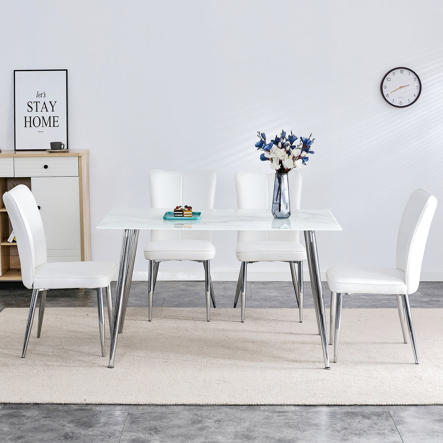 Melysen Table and Chair Set. 1 Table with 4 White Pu Chairs. Modern Minimalist Rectangular White Imitation Marble Dining Table, 0.3" Thick, with Silver Metal Legs. Paired with 4 Pu Chairs