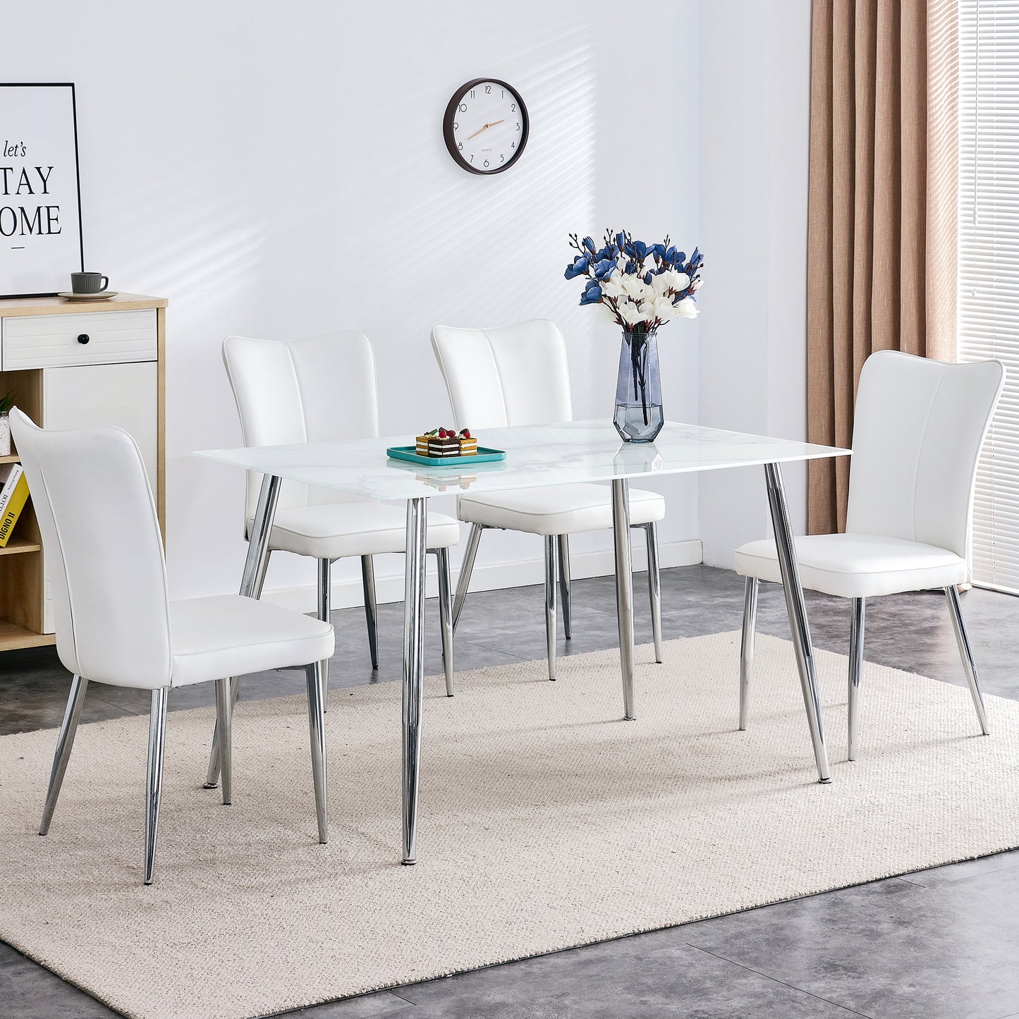 Melysen Table and Chair Set. 1 Table with 4 White Pu Chairs. Modern Minimalist Rectangular White Imitation Marble Dining Table, 0.3" Thick, with Silver Metal Legs. Paired with 4 Pu Chairs