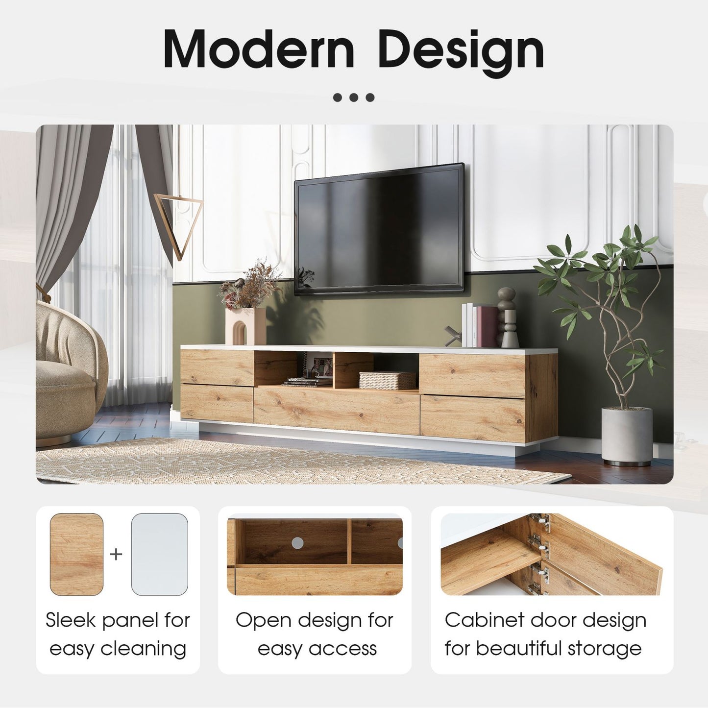 Melysen Modern TV stand for TVs up to 80" , Media Console with Multi-Functional Storage, Entertainment Center  with Door Rebound Device, TV cabinet for living room,Bedroom,Natural+White