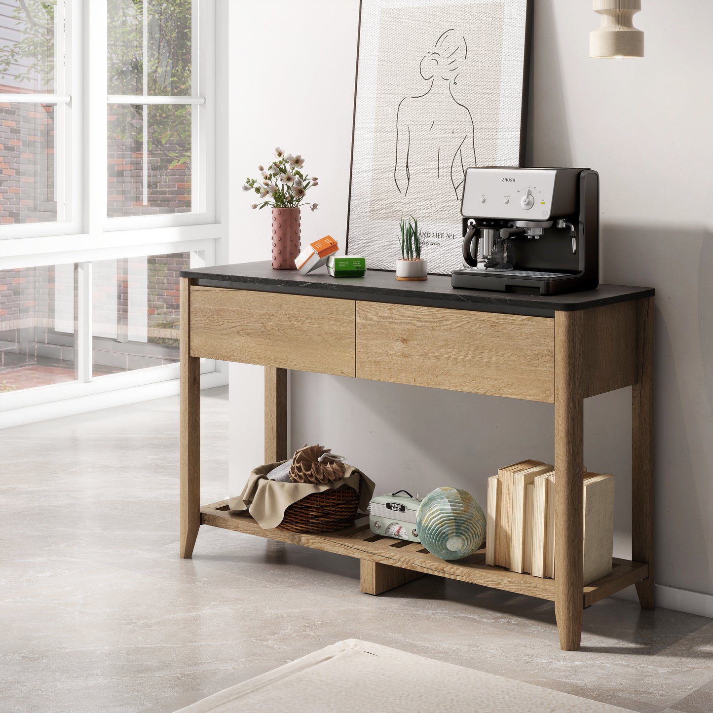 Melysen 47 Inch Modern Farmhouse Double Drawers Console Table for Living Room or Entryway