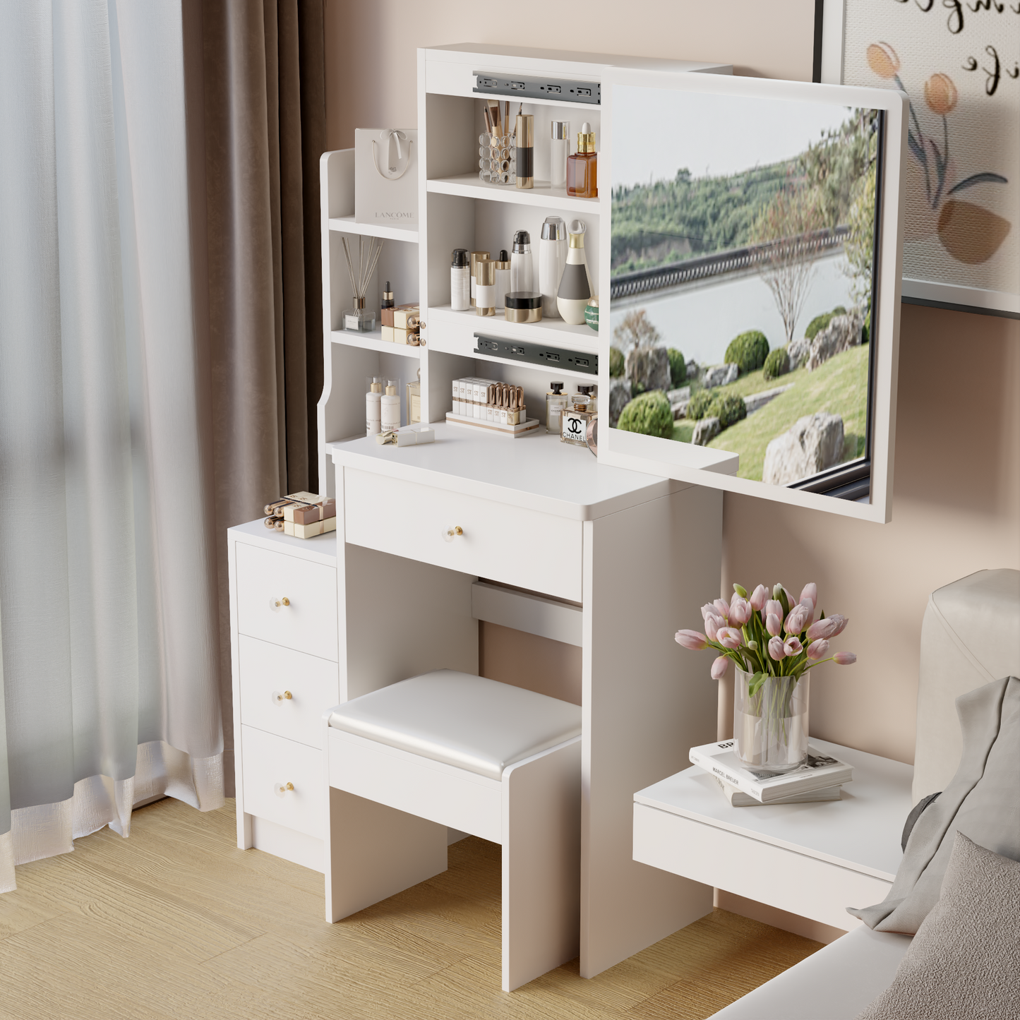 Melysen Left Bedside Cabinet Vanity Table + Cushioned Stool, Extra large Sliding mirror, Multi Layer High Capacity Storage, Left Bedside Cabinet, Practical Fashionable Dresser, Modern Makeup Furniture,White